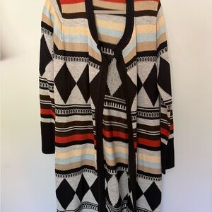 Open-Front Geometric Knit Cardigan - Black, Cream & Red